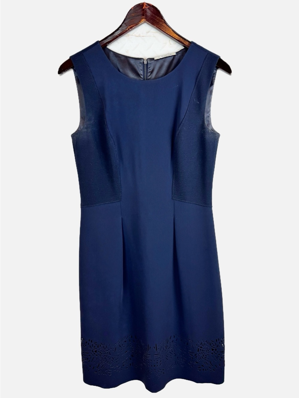 Tahari | Navy Sleeveless Sheath Dress with Die Cut Hem, 4
